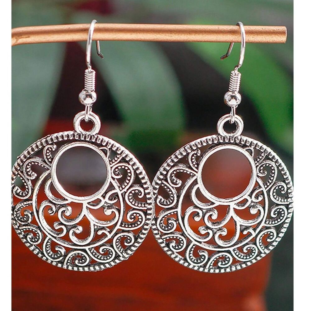Silver Open Filigree Round Dangle Earrings Drop Pendant Charm Lace Lightweight